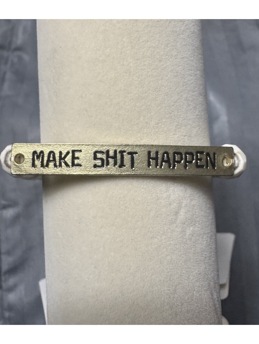DYLAN White Beaded Charm Bracelet Gold Tone Bar "MAKE SHi## HAPPEN"